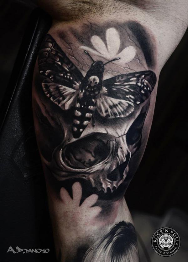 76 Skull with moths Tattoo 