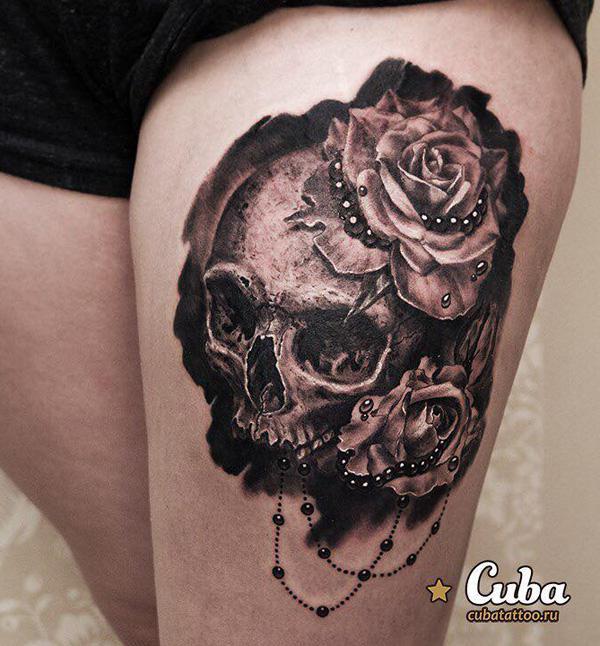 80 Skull with Rose Tattoo