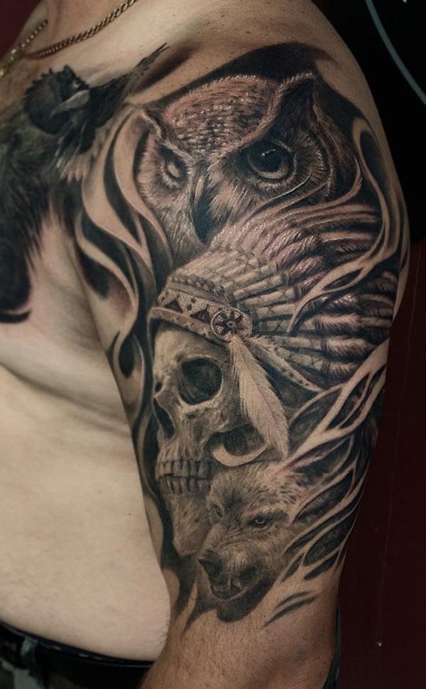  82 Owl with Indian Skull Tattoo 