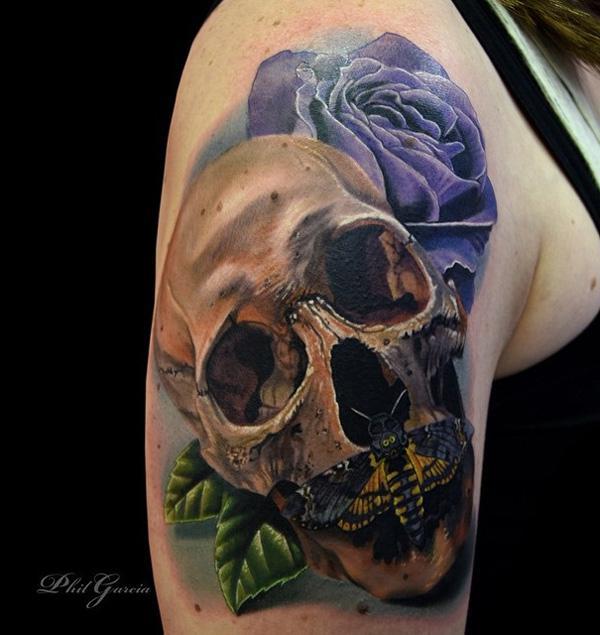  93- skull with moths and Rose Tattoo 