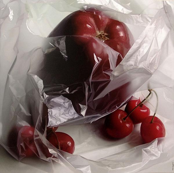 realistic painting 11 Madrid based painter Pedro Campos presented breath taking pieces of oil on canvas – photorealistic paintings of various still objects – aluminum coke cans, apples wrapped in plastic, glass marbles, and the spines of coffee table art books.