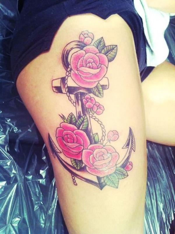 anchor flower tattoo thigh - 35 Awesome Anchor tattoo Designs  <3 <3