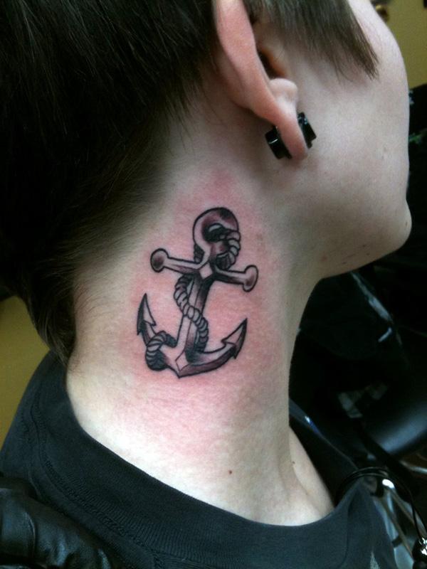 grey anchor tattoo with rope on neck - 35 Awesome Anchor tattoo Designs  <3 <3