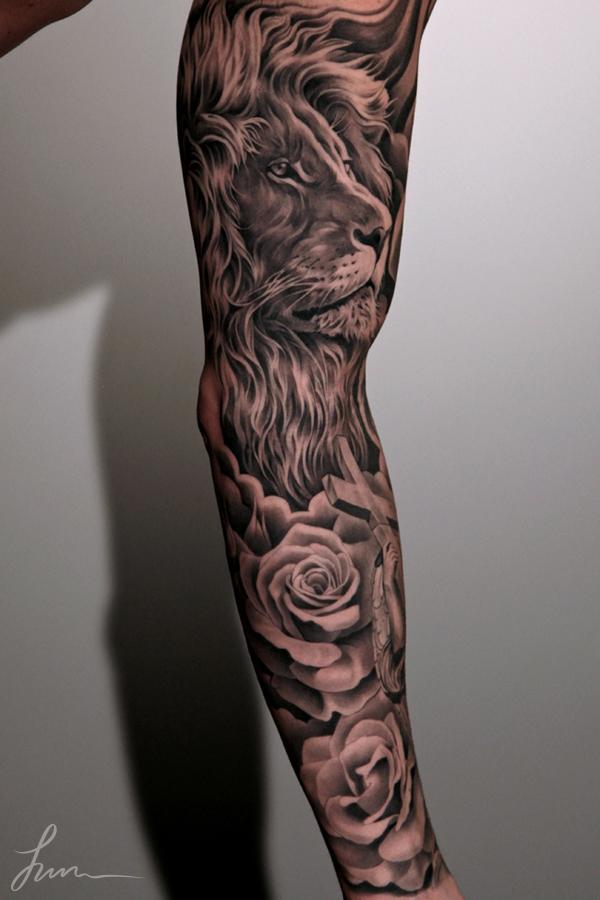 Lion và hoa đầy tay hình xăm - 80 + Ví dụ Awesome Full Sleeve Tattoo Ý tưởng <3 <3