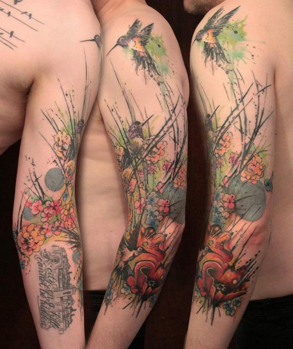 Hummingbird và hoa màu nước đủ kiểu tay hình xăm - 80 + Ví dụ Awesome Full Sleeve Tattoo Ý tưởng <3 <3