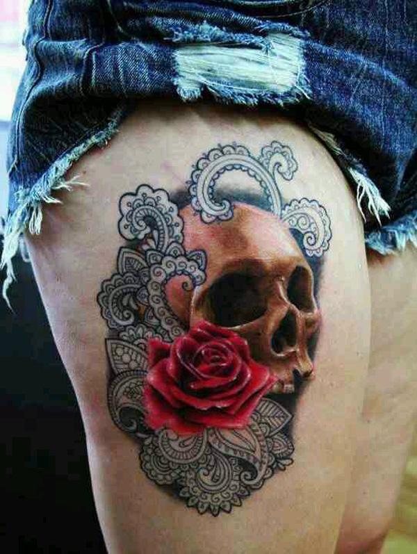 Skull And Roses Tattoo On Thigh