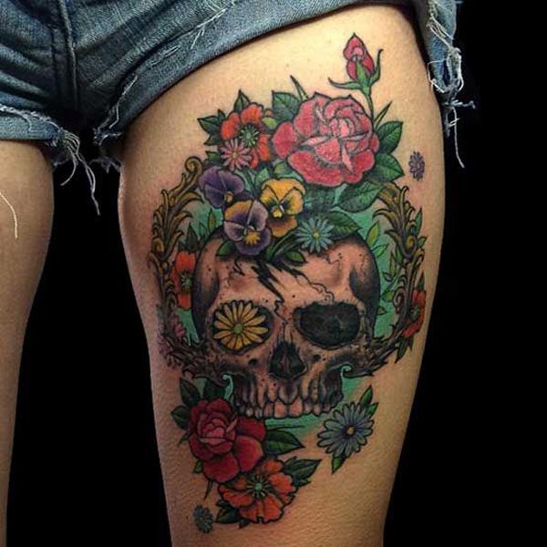 Skull And Roses Tattoo On Thigh