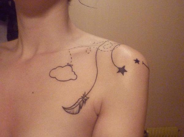 Cloud, feather and stars tattoos on shoulder