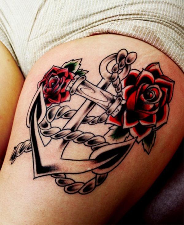 anchor and rose thigh tattoos for girls