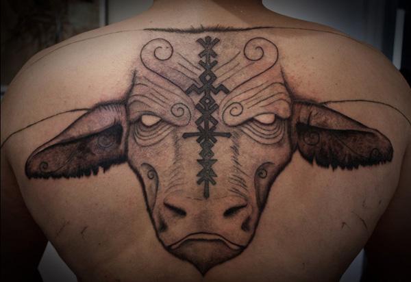 con bò đầu hình xăm trên lưng - 30 ảnh vui nhộn Taurus xăm <3 <3