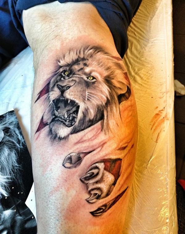  3D lion tattoo on leg - 50 Examples of Lion Tattoo  <3 <3