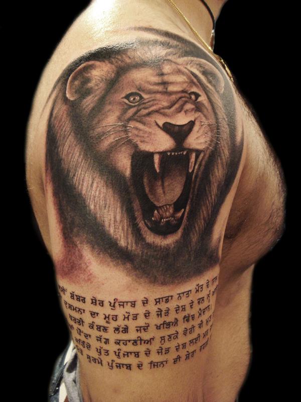 Lion whit punjabi writing tattoo - 50 Examples of Lion Tattoo  <3 <3
