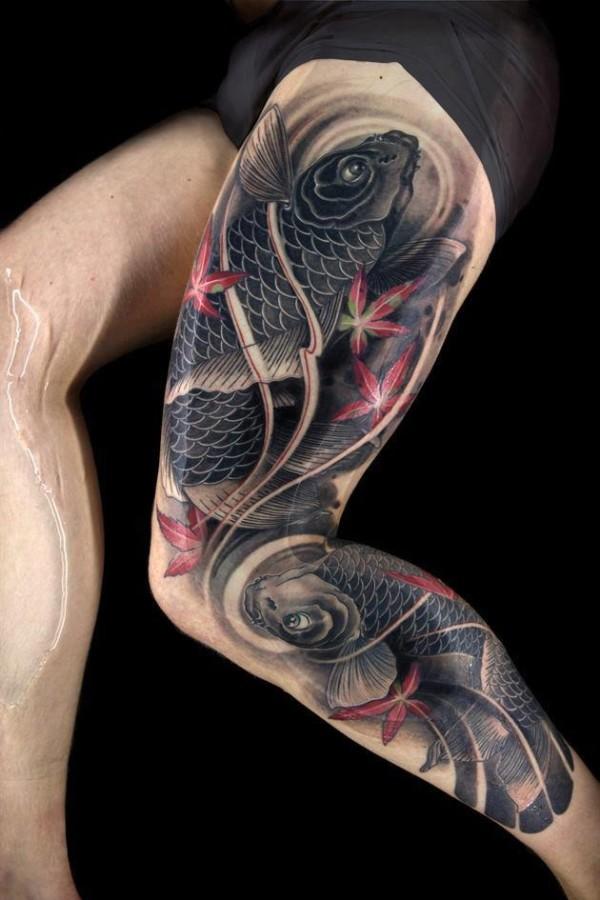 Koi Tattoo Black And Grey Leg