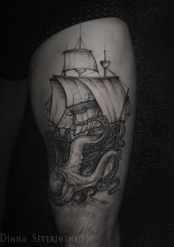 bạch tuộc đùi với hình xăm thuyền - 55 ảnh vui nhộn Octopus Tattoo Designs <3 <3
