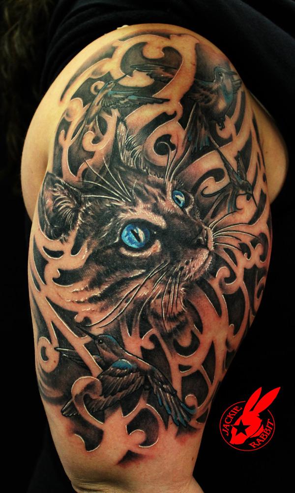 Blue Cat Eye và Bird Tattoo bởi Jackie Rabbit - 55 Ví dụ về Cát dễ thương Tattoo <3 <3