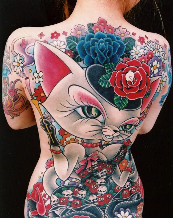 Cát Với ​​Flowers Tattoo On Back - 55 Ví dụ về mèo dễ thương Tattoo <3 <3