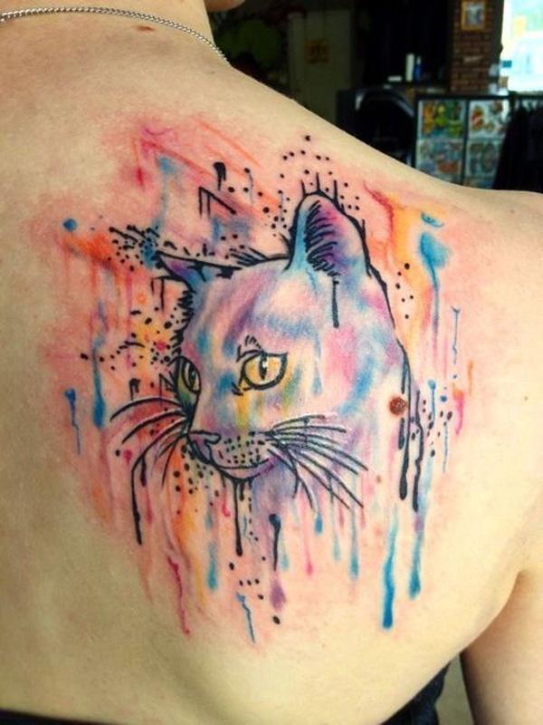 chic mèo màu nước hình xăm trên lưng cho trẻ em gái - 55 Ví dụ về Cát dễ thương Tattoo <3 <3