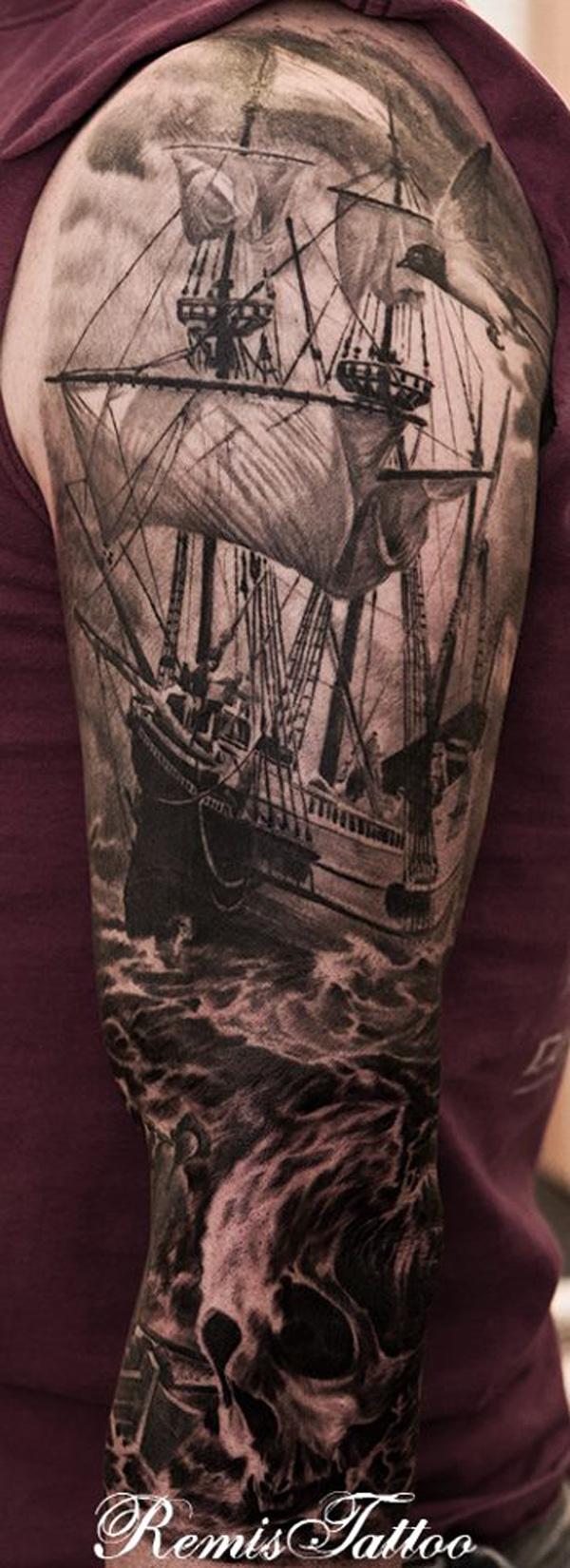 Tàu cao Skull Tattoo đen và xám - 40 Thuyền Tattoo Designs <3 <3