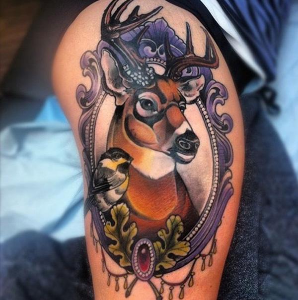 Deer Tattoo trên đùi Phụ nữ - 45 Inspiring Deer Tattoo Designs <3 <3
