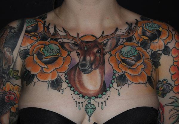 Deer và Flower Tattoo trên ngực cho phụ nữ - 45 Inspiring Deer Tattoo Designs <3 <3