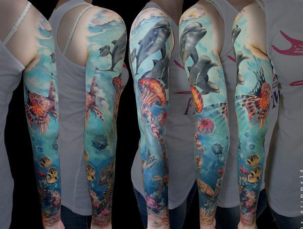 Dolphin Full Sleeve Tattoo - 40+ đáng yêu Dolphin xăm và ý nghĩa <3 <3