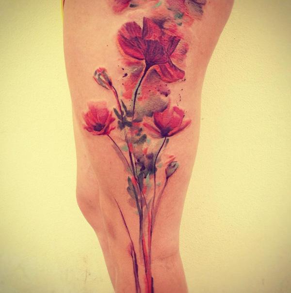 Watercolor Poppies Tattoo trên cẳng chân - 60 đẹp Poppy xăm <3 <3