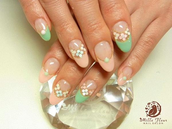 Flowers can make everything look pretty, especially the nails! This peach and green ensemble is great for proms, parties, debuts and weddings; events that have themes. If you are donning a sea green dress with peach accents then this nail art should be the design and color combination that you should go with.