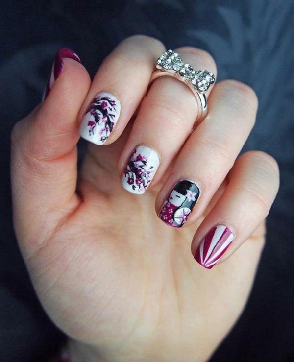 Short is also fashionable. Many people think Nail Art is only for longer nails but this proves it otherwise. The short nails are greatly compatible with the simple Japanese inspired design, like this one – cherry blossoms and geisha nails.