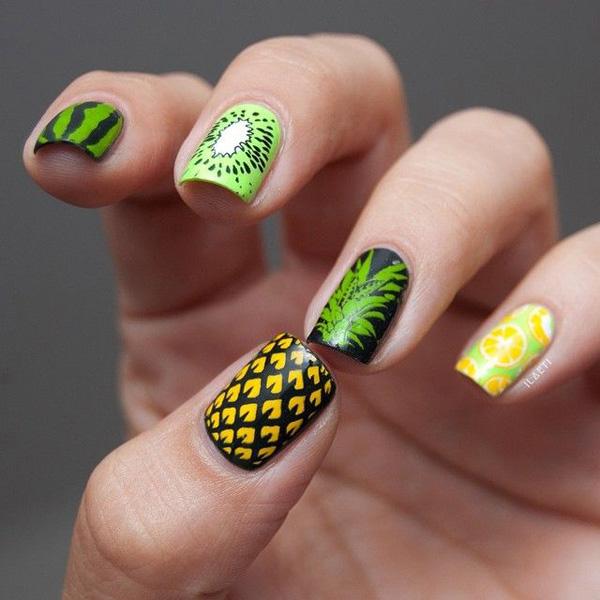 Fill up your nails with this amazing tropical fruit inspired nail art! Coated on with watermelon, oranges and pineapple in bright green, orange and yellow orange colors, even you will find yourself wanting to nibble on them! Fresh and juicy nail art design perfect for the summer!