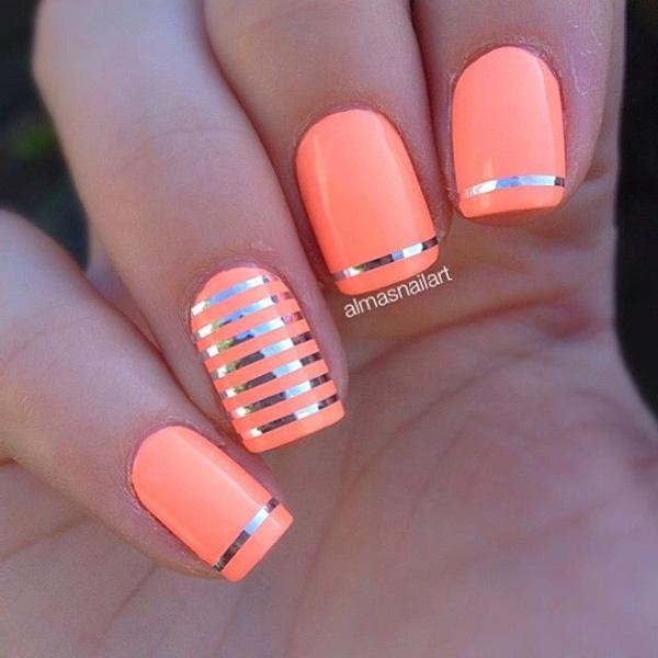 55 Gorgeous Metallic Nail Art Designs Art And Design Neon orange matte colored nails with hints of silver metallic strips added on top for effect ... - 55 Gorgeous Metallic Nail Art Designs Art And Design