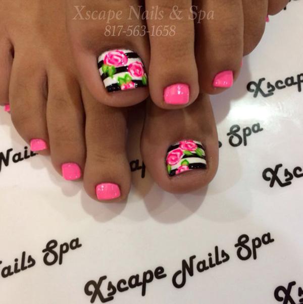 50 Pretty Toenail Art Designs Art And Design A beautiful rose and stripe inspired toenail art design. The smaller nails are coated in ... - 50 Pretty Toenail Art Designs Art And Design