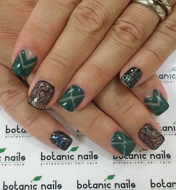65 Winter Nail Art Ideas Art And Design Elegant green and black winter nail polish with multi colored sequins. - 65 Winter Nail Art Ideas Art And Design