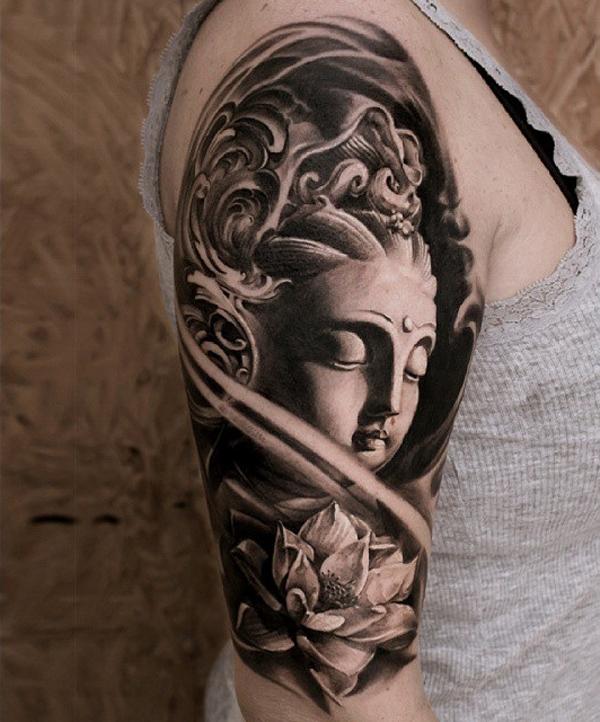 This hyper realistic Buddha portrait could portray enlightenment or awakening which are usually the main symbolisms of Buddha. The lotus flower is a great addition as it means purity. Both could mean that you are awakened and have become pure.