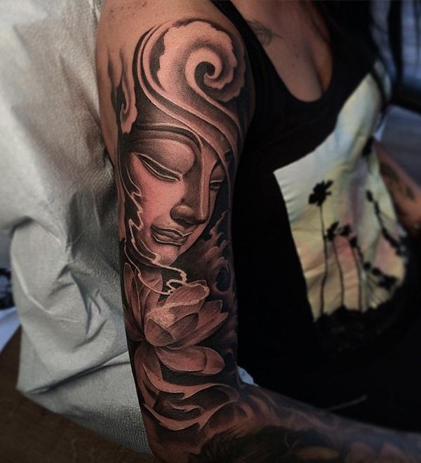 If you want a Buddha and lotus tattoo for your full arm length, you can go with this option. It’s subtle and smoothly made so it’s also perfect for women.