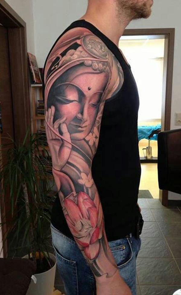For men, this is one design they can decide on for a full sleeve tattoo. The little touches of pink can make a black and white tattoo appear smoother.