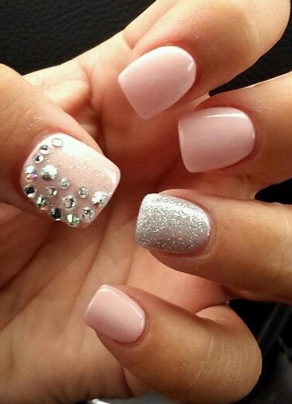 Nude and silver nail art design. Play along with silver beads and silver dust in addition to your beautifully colored nude nail polish.
