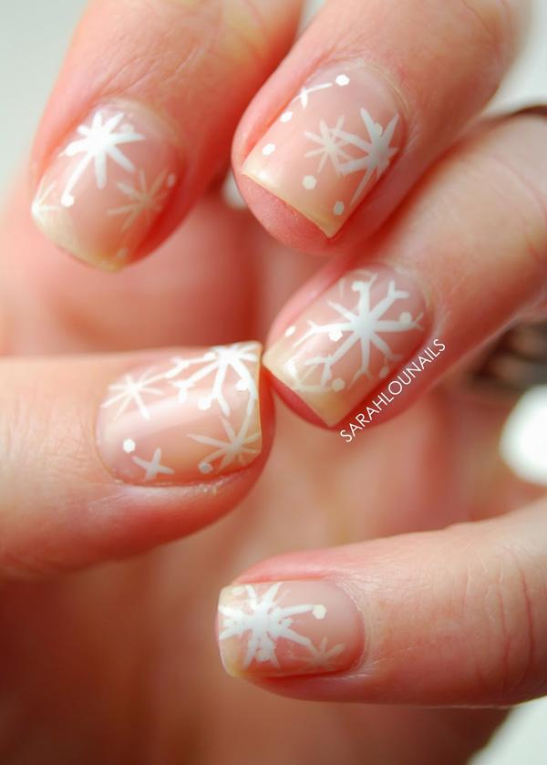 A very cute snowflake inspired nude nail art design. Give your nude nail art the winter breeze by adding pretty snowflake designs on top it in white polish.