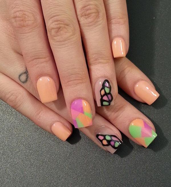 Pretty and colorful design used on nude nail polish. You can combine lots of colors with your nude nail polish if you simply have a good design and color combination.