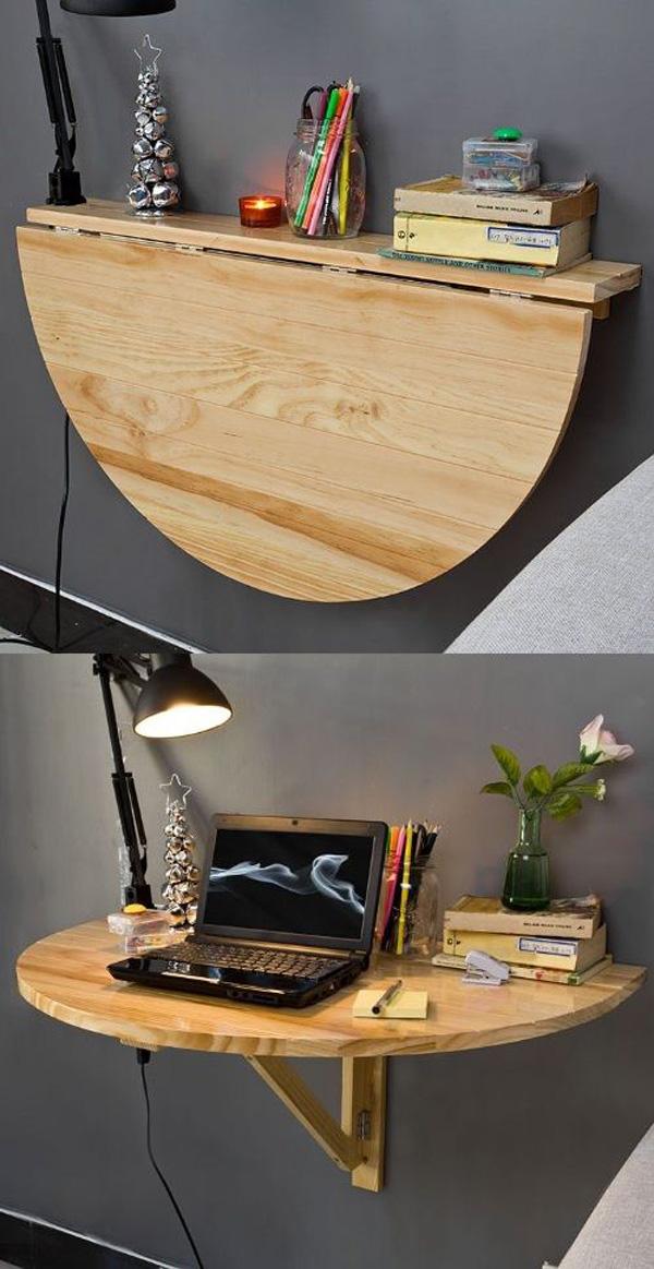 This a drop table. A small part of it is affixed to the wall and could serve as a space to place your things in. Then it could be propped up by a support underneath that will hold it up and become a table. It also comes with a socket underneath for your charging or your light.