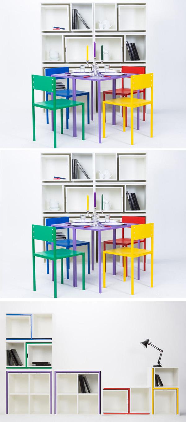Again, very normal to look at. Though it may be quite odd why they are in different colors. But then, you’d see why that is necessary since the table and chairs could actually be inserted on the slots in a white shelf. It goes with unique design and space saving efficiency.