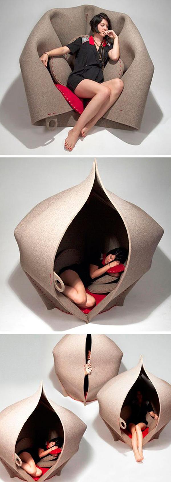 This is a really unique furniture to have. Although the concept of chairs to sleeping areas are totally common, this one has a much different take to it. It can be folded from the top so you can make it as a pod chair. Then you can pull those upward and slip inside like a tent.