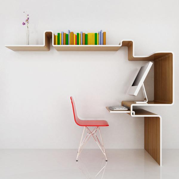 This one isn’t like the other folding furniture. However, with the working area, the keyboard place could be inserted into a space and the shape of the shelf will cater to the chair. When you push the chair inside, it will create more space. Plus the structure of the shelf could also provide more shelf space.