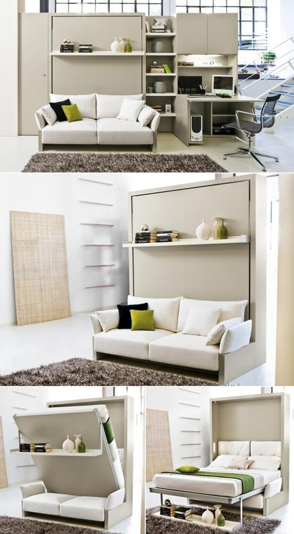 At first, it may seem like a normal cabinet or shelf that we see in every other home. But take away those pillows and a bed could be pulled down. The leg part is the shelf that you will see above the sofa. The sofa is an added support for the bed. Definitely convenient.