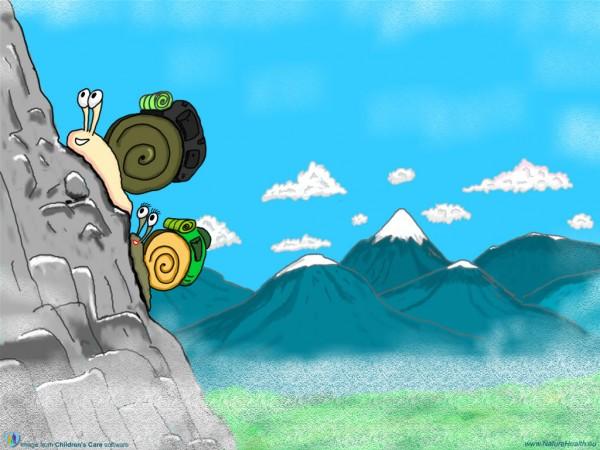 Two cartoon snails climbing a mountain