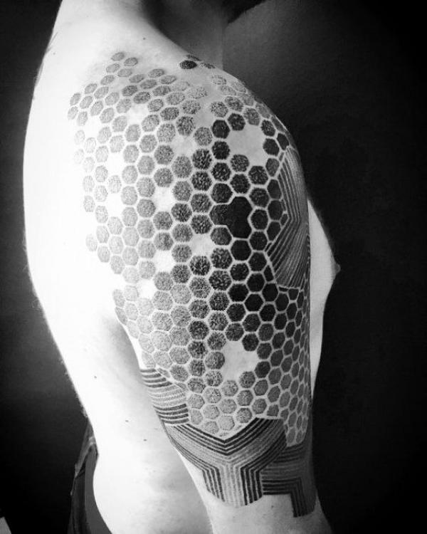 Hexagonal black and grey gradient tattoo