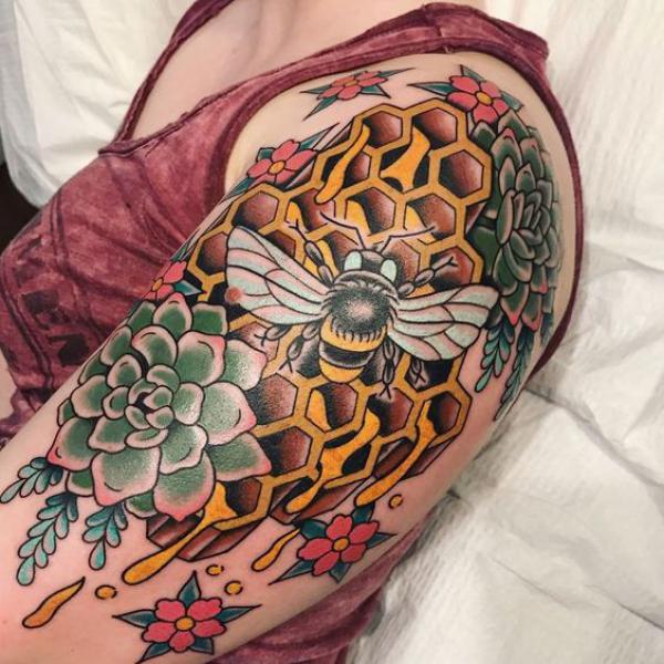 Honeycomb and Succulent with a bee tattoo