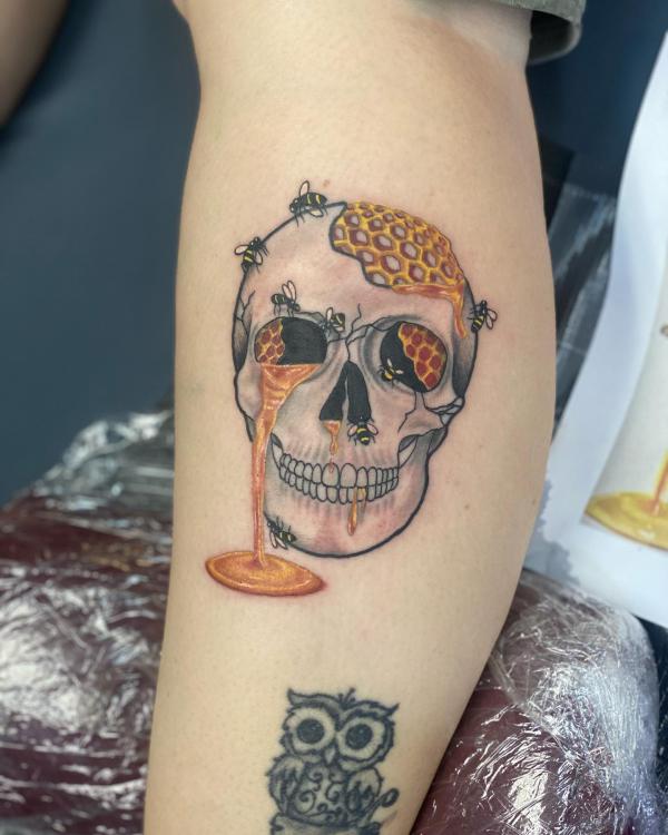 Skull with honeycomb bee and honey