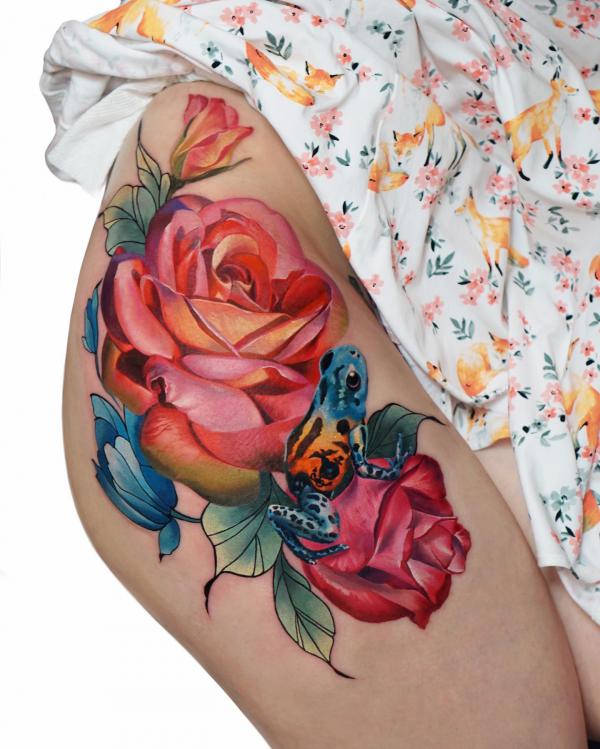 Pink rose and frog tattoo