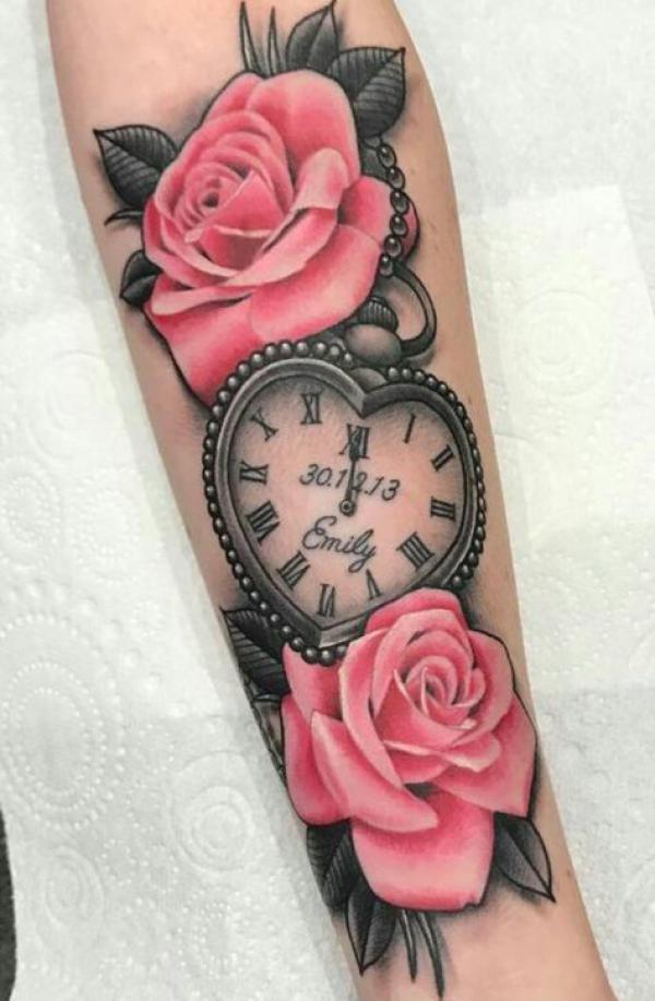 Pink rose and heart pocket watch tattoo