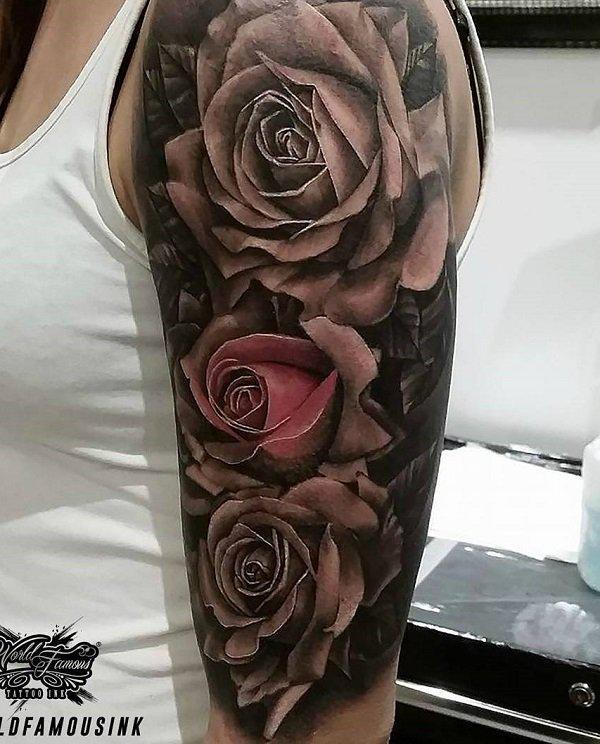 traditional rose sleeve tattoo